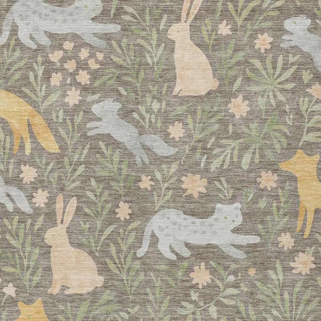 3' X 5' Taupe And Green Forest Animals And Botanical Leaves Washable Area Rug Homeroots Outdoor