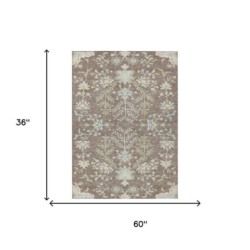 3' X 5' Taupe And Ivory Oriental Washable Indoor Outdoor Area Rug Homeroots Outdoor