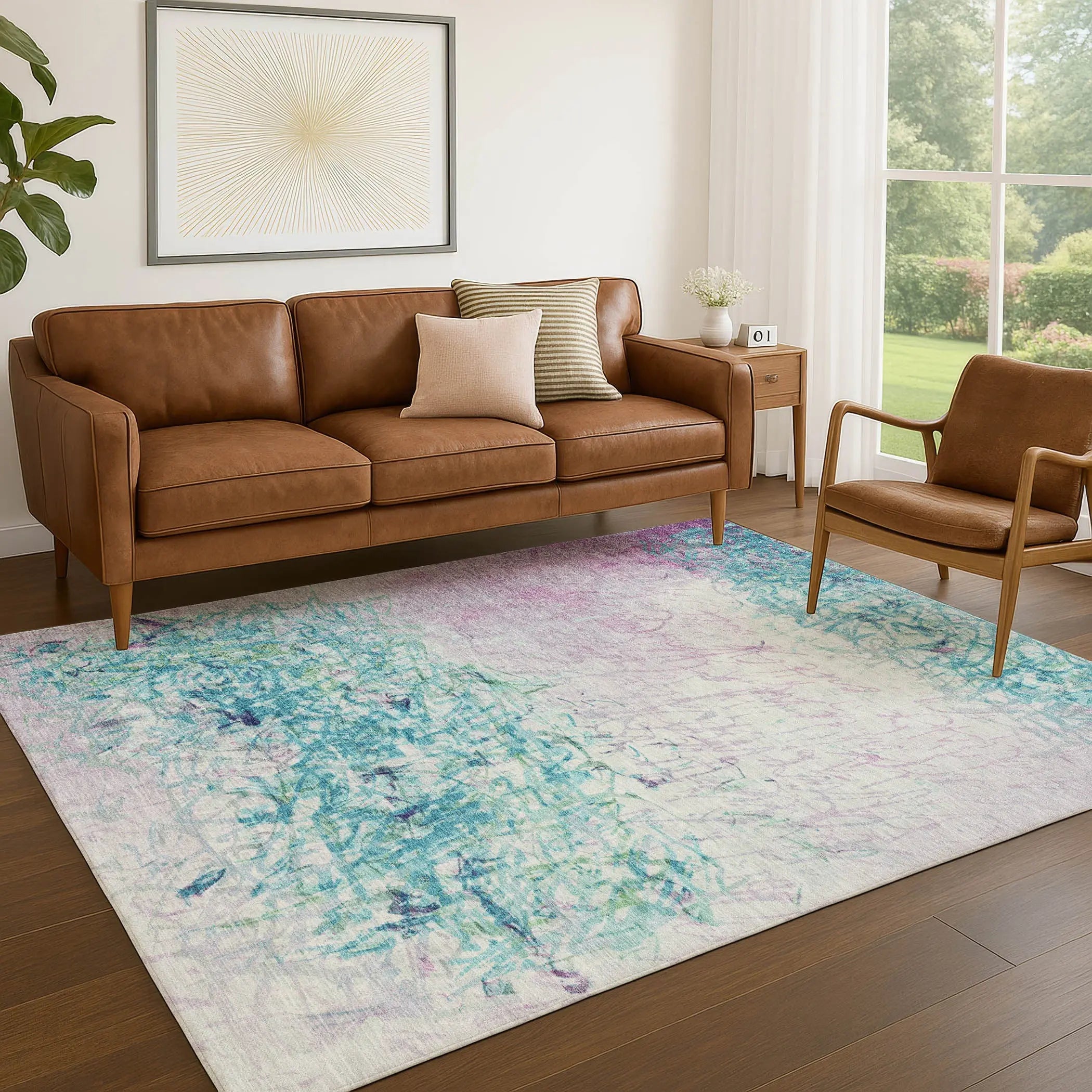 3' X 5' Teal Blue And Aqua Abstract Washable Indoor Outdoor Area Rug Homeroots Outdoor