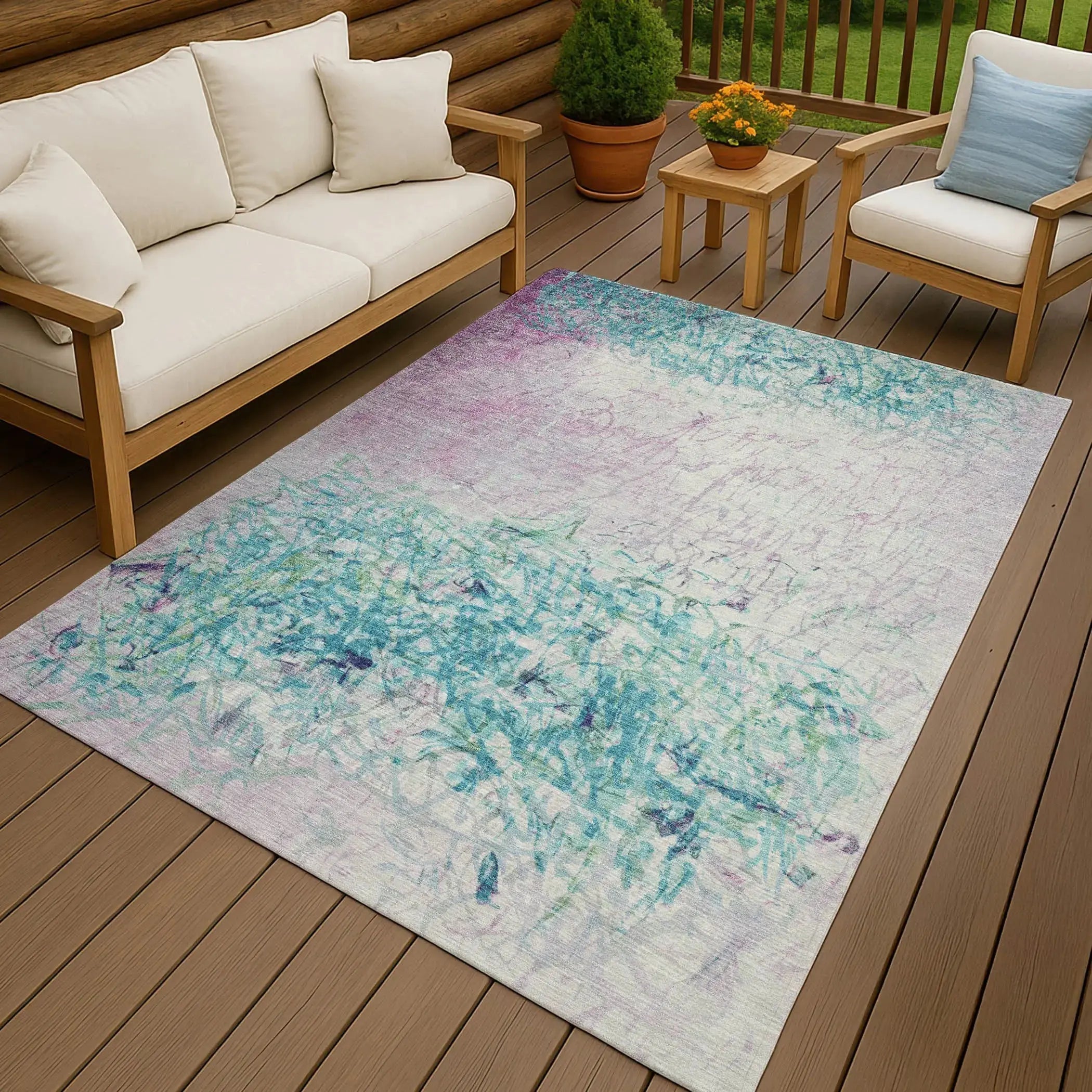 3' X 5' Teal Blue And Aqua Abstract Washable Indoor Outdoor Area Rug Homeroots Outdoor