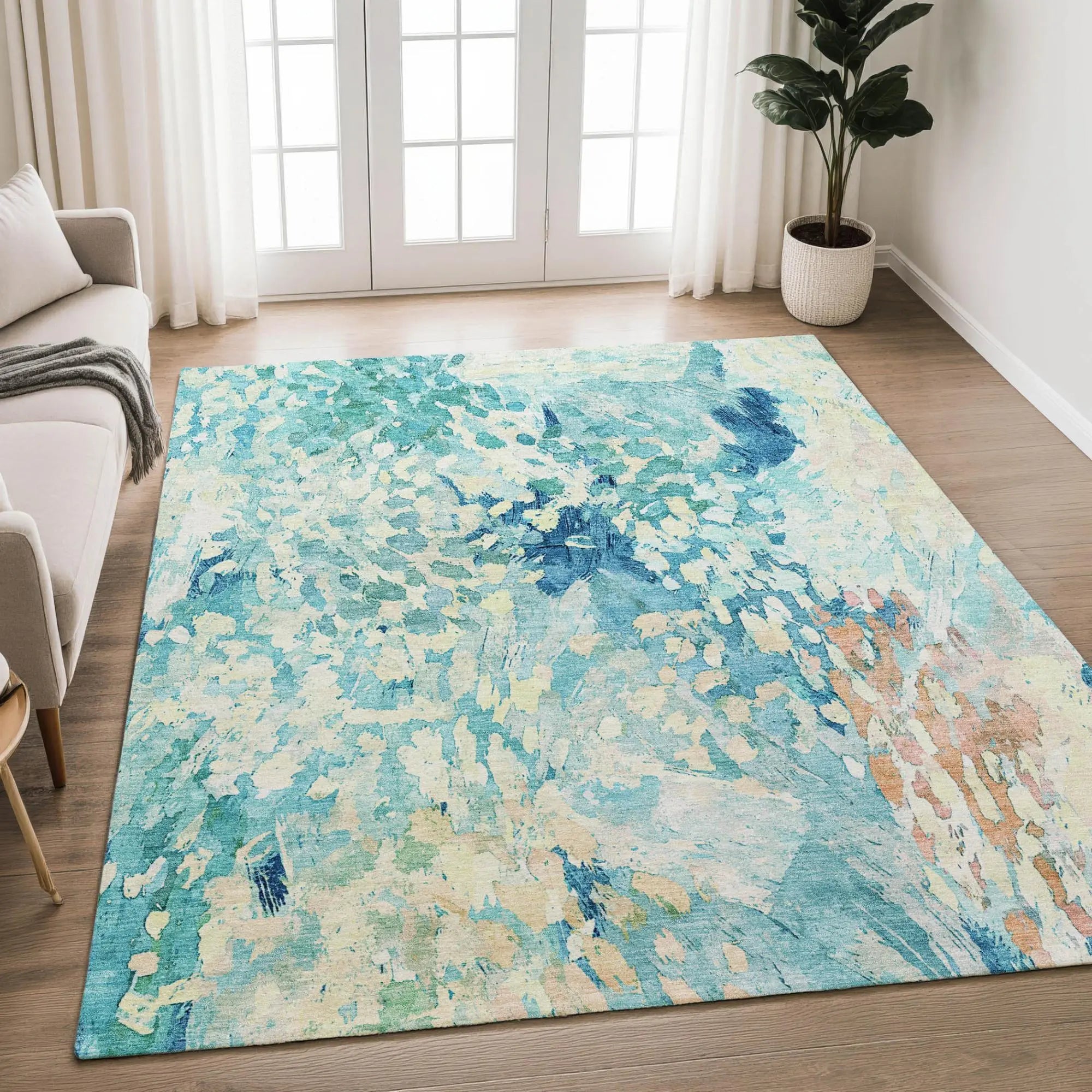 3' X 5' Teal Blue And Aqua Abstract Washable Indoor Outdoor Area Rug Homeroots Outdoor