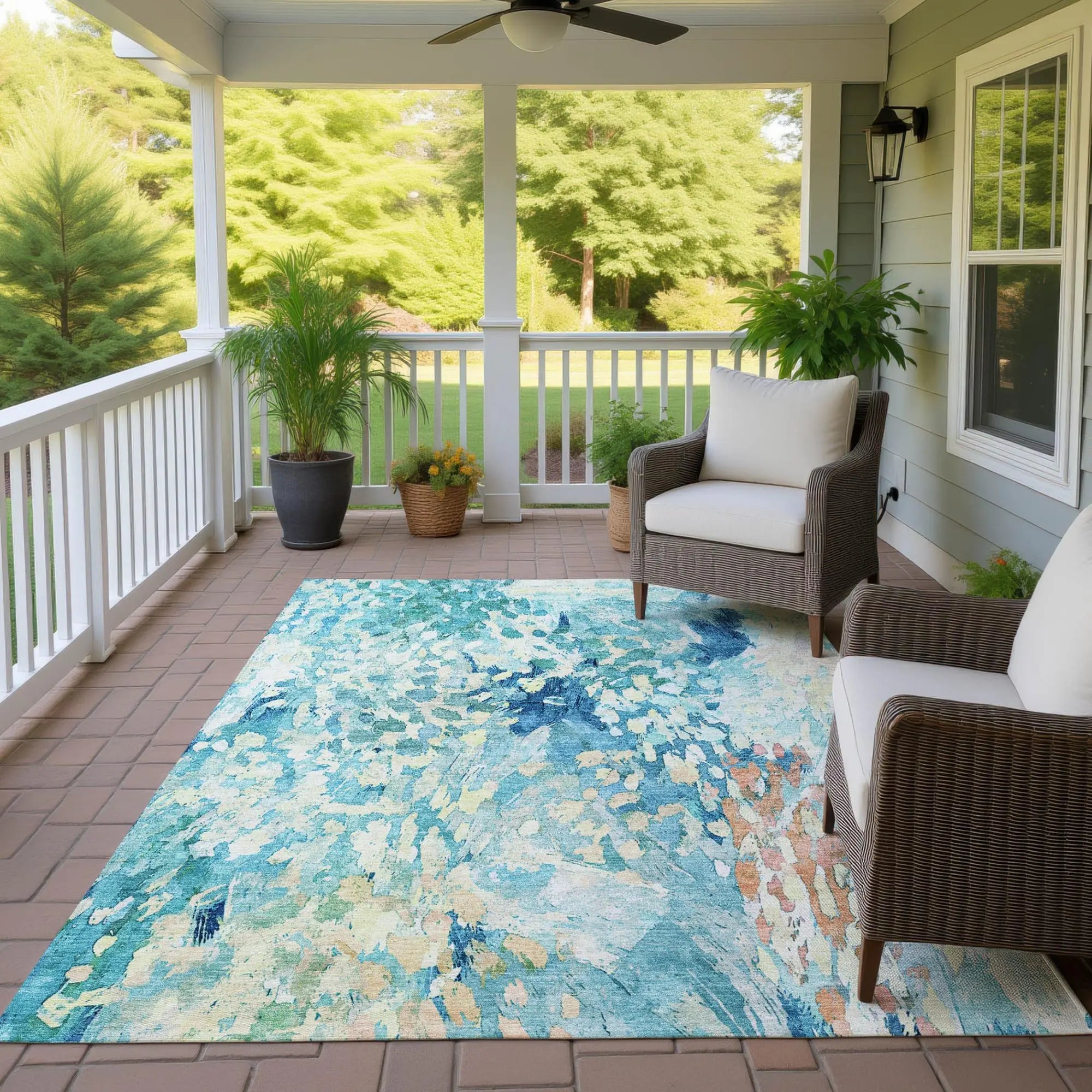 3' X 5' Teal Blue And Aqua Abstract Washable Indoor Outdoor Area Rug Homeroots Outdoor