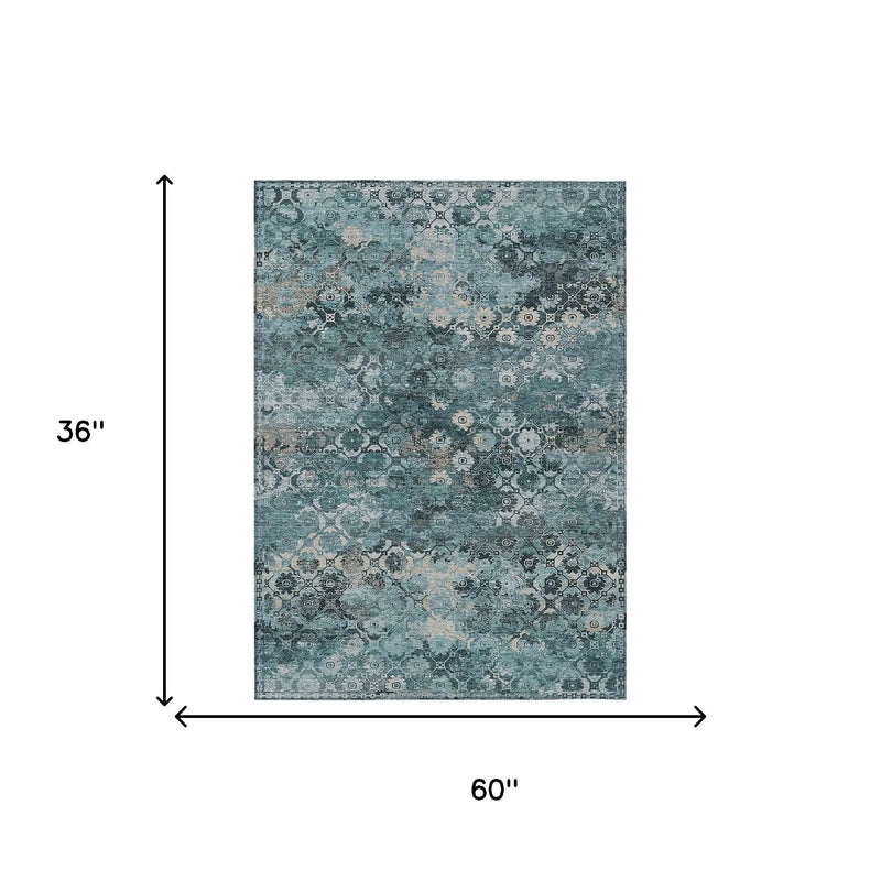 3' X 5' Teal Blue And Aqua Abstract Washable Indoor Outdoor Area Rug Homeroots Outdoor