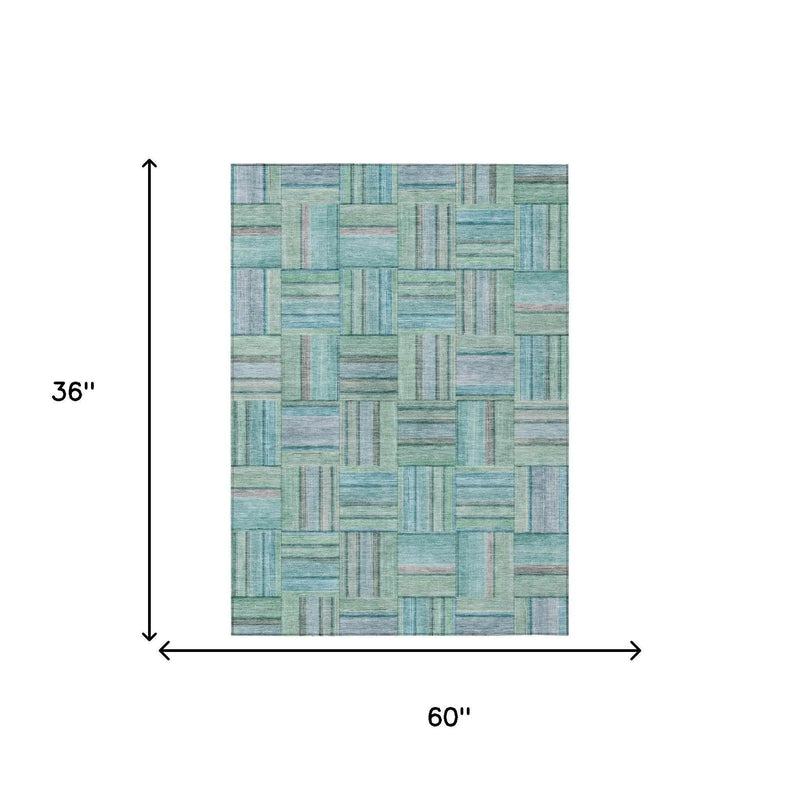 3' X 5' Teal Blue And Aqua Geometric Washable Indoor Outdoor Area Rug Homeroots Outdoor