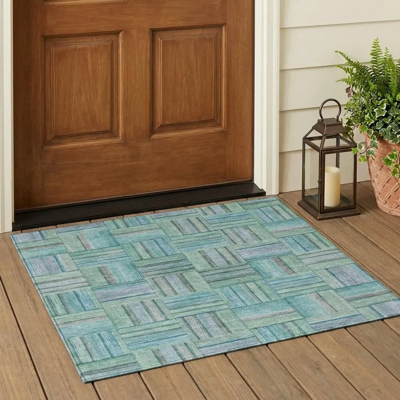 3' X 5' Teal Blue And Aqua Geometric Washable Indoor Outdoor Area Rug Homeroots Outdoor