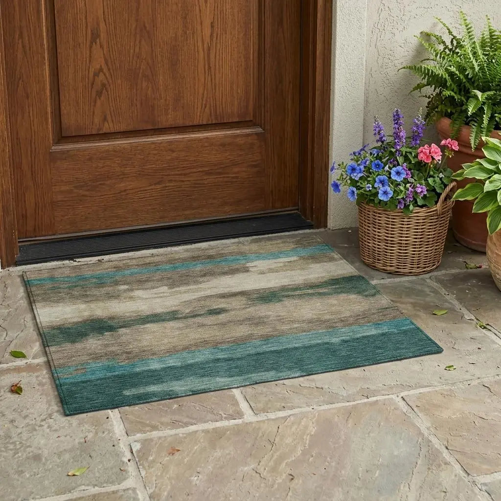 3' X 5' Teal Blue And Beige Abstract Washable Indoor Outdoor Area Rug Homeroots Outdoor