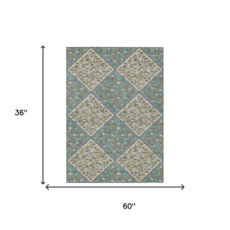 3' X 5' Teal Blue And Beige Abstract Washable Indoor Outdoor Area Rug Homeroots Outdoor