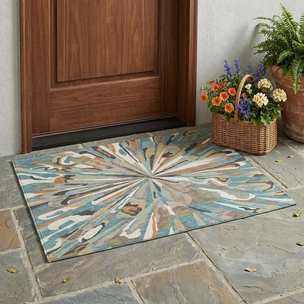 3' X 5' Teal Blue And Beige Abstract Washable Indoor Outdoor Area Rug Homeroots Outdoor