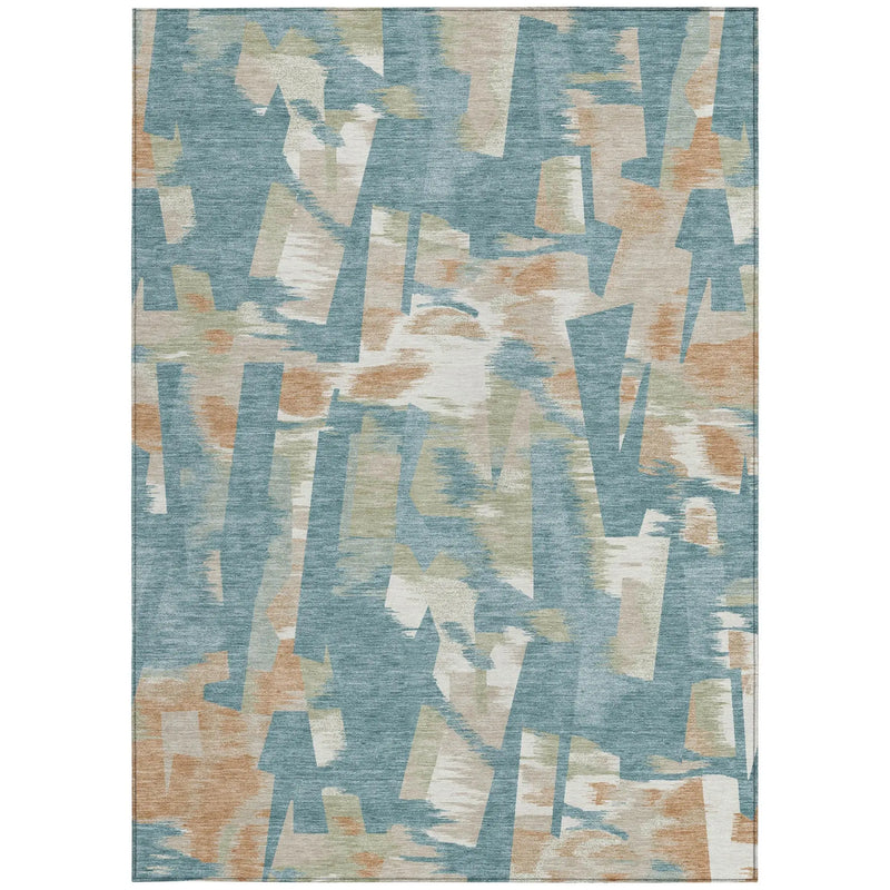 3' X 5' Teal Blue And Beige Abstract Washable Indoor Outdoor Area Rug Homeroots Outdoor