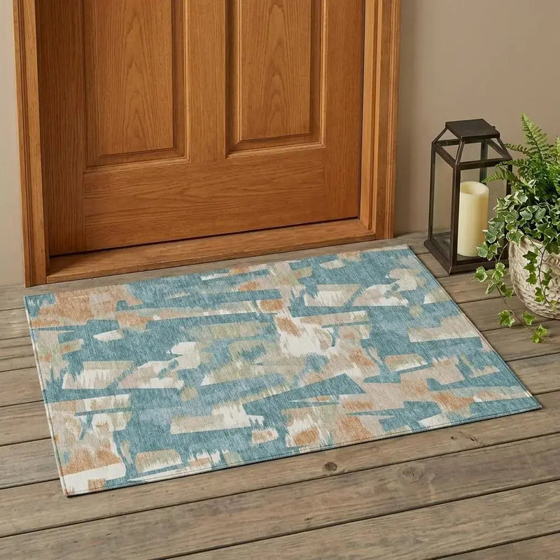 3' X 5' Teal Blue And Beige Abstract Washable Indoor Outdoor Area Rug Homeroots Outdoor