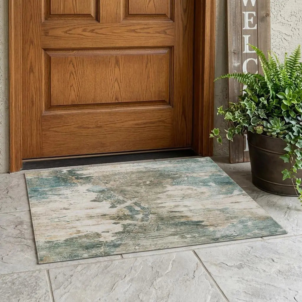 3' X 5' Teal Blue And Beige Abstract Washable Indoor Outdoor Area Rug Homeroots Outdoor