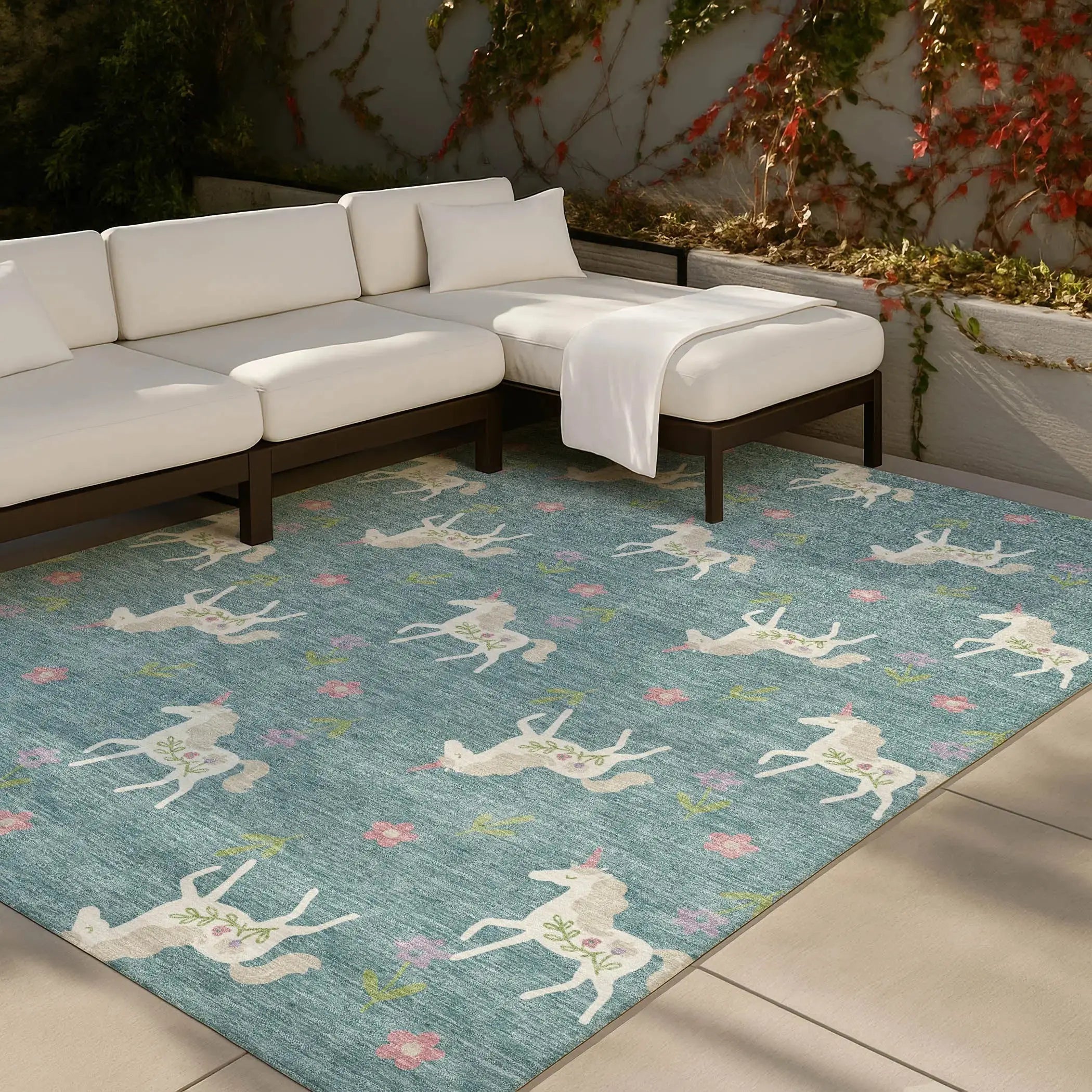 3' X 5' Teal Blue And Beige Floral Washable Indoor Outdoor Area Rug Homeroots Outdoor