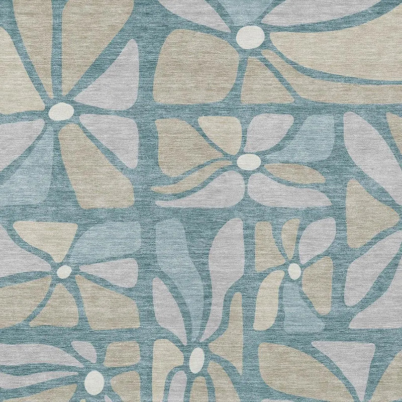 3' X 5' Teal Blue And Beige Floral Washable Indoor Outdoor Area Rug Homeroots Outdoor