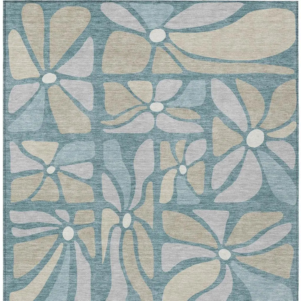 3' X 5' Teal Blue And Beige Floral Washable Indoor Outdoor Area Rug Homeroots Outdoor