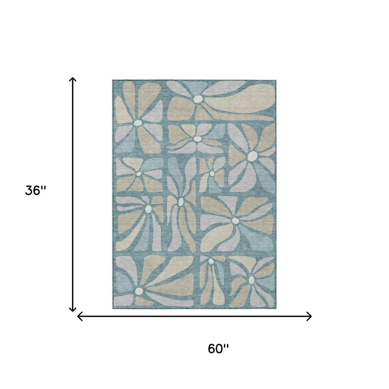 3' X 5' Teal Blue And Beige Floral Washable Indoor Outdoor Area Rug Homeroots Outdoor