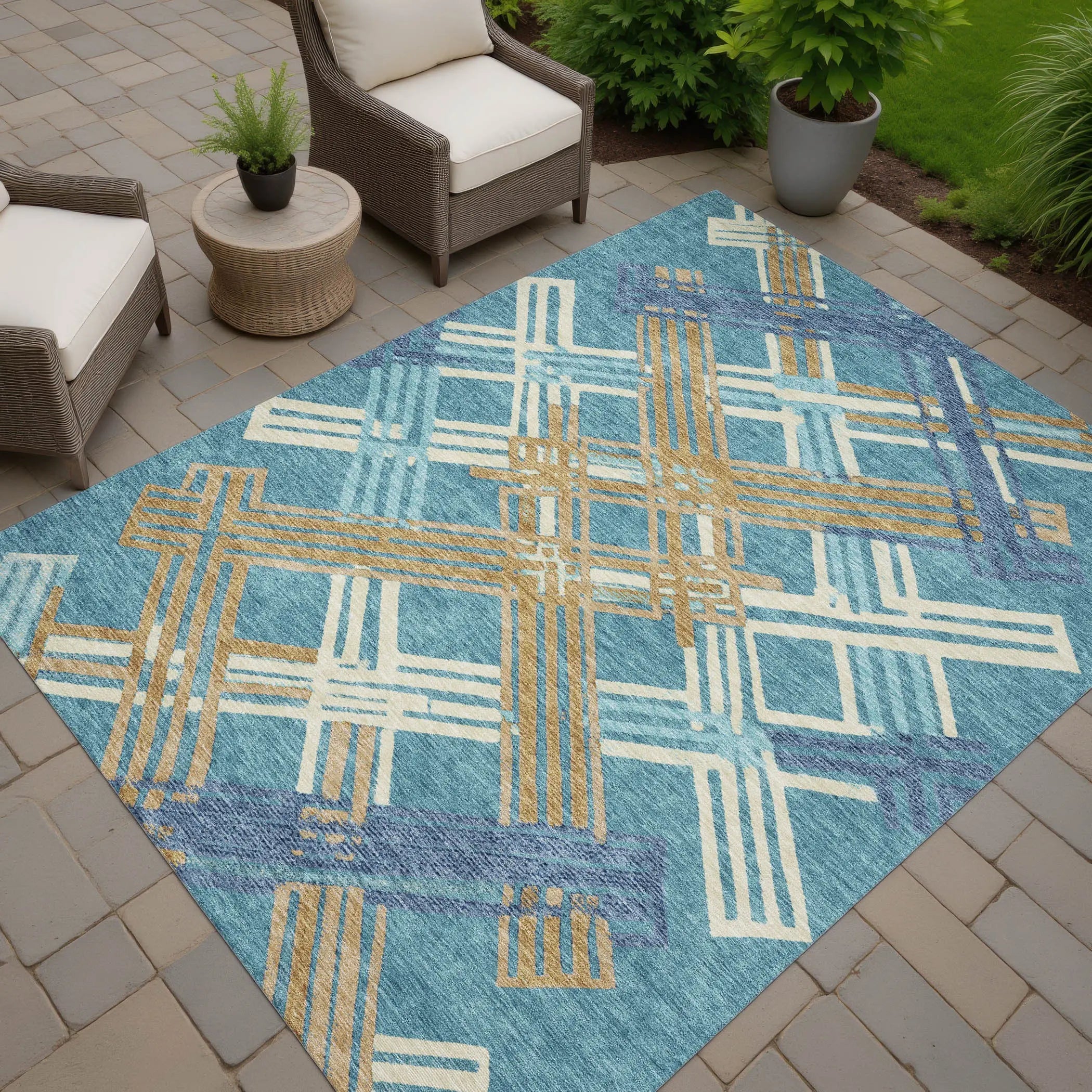 3' X 5' Teal Blue And Beige Geometric Washable Indoor Outdoor Area Rug Homeroots Outdoor