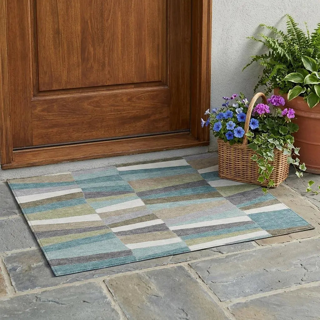 3' X 5' Teal Blue And Beige Geometric Washable Indoor Outdoor Area Rug Homeroots Outdoor