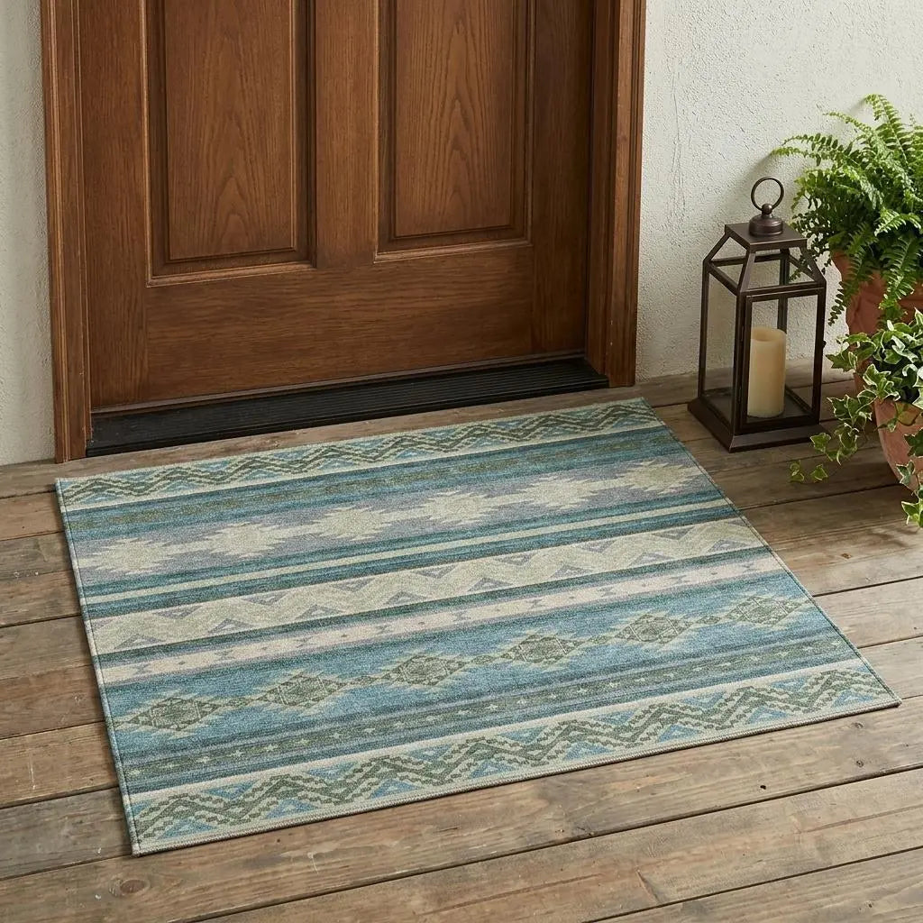 3' X 5' Teal Blue And Beige Southwestern Washable Indoor Outdoor Area Rug Homeroots Outdoor