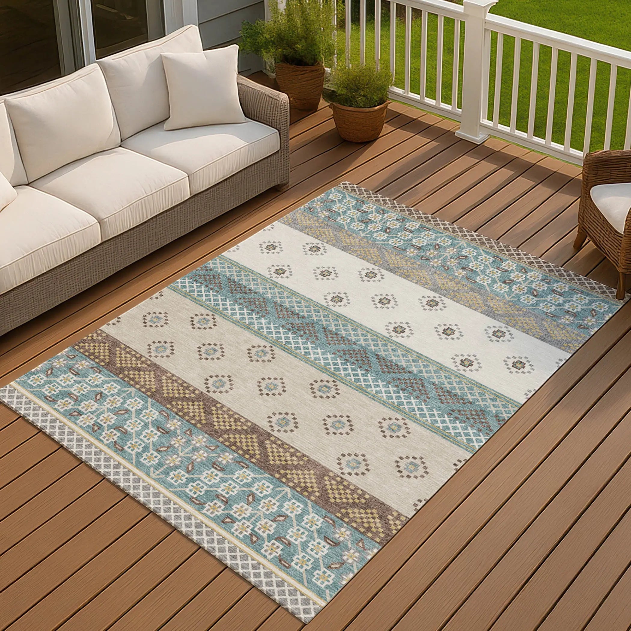 3' X 5' Teal Blue And Beige Striped Washable Indoor Outdoor Area Rug Homeroots Outdoor