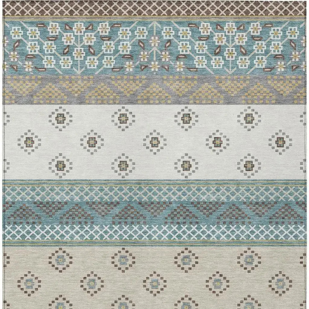 3' X 5' Teal Blue And Beige Striped Washable Indoor Outdoor Area Rug Homeroots Outdoor