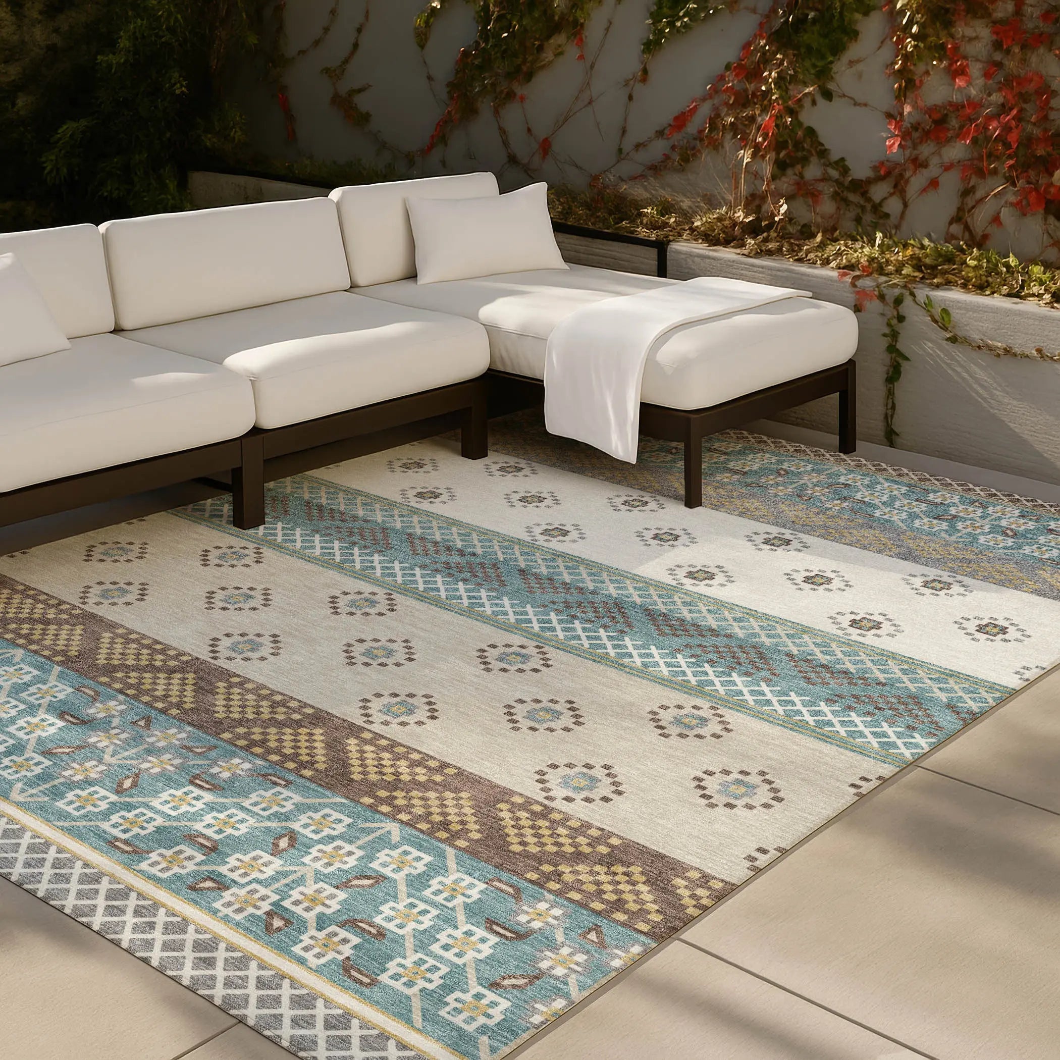 3' X 5' Teal Blue And Beige Striped Washable Indoor Outdoor Area Rug Homeroots Outdoor