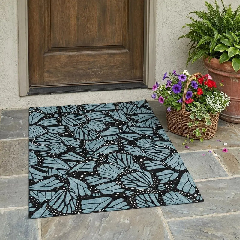 3' X 5' Teal Blue And Black Animal Print Washable Indoor Outdoor Area Rug Homeroots Outdoor