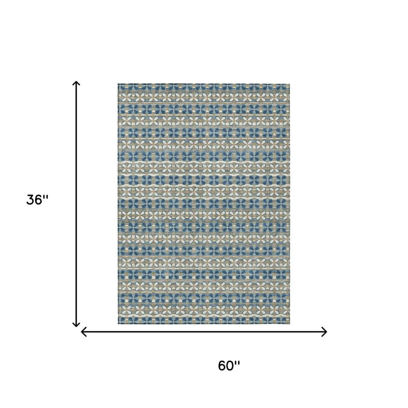 3' X 5' Teal Blue And Black Striped Washable Indoor Outdoor Area Rug Homeroots Outdoor