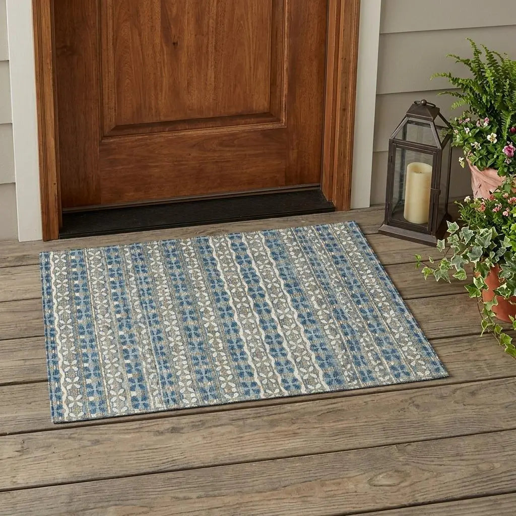3' X 5' Teal Blue And Black Striped Washable Indoor Outdoor Area Rug Homeroots Outdoor