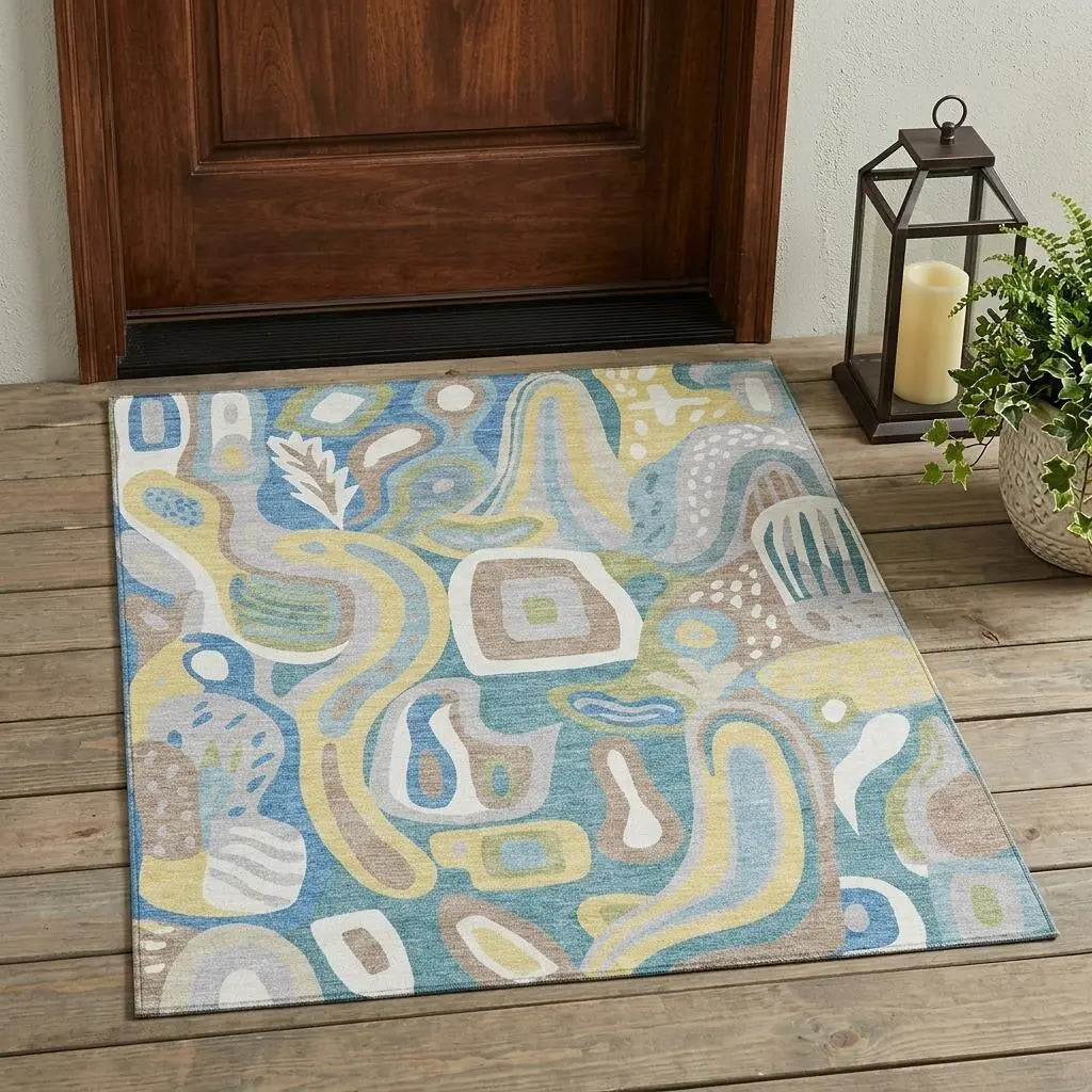 3' X 5' Teal Blue And Blue Abstract Washable Indoor Outdoor Area Rug Homeroots Outdoor