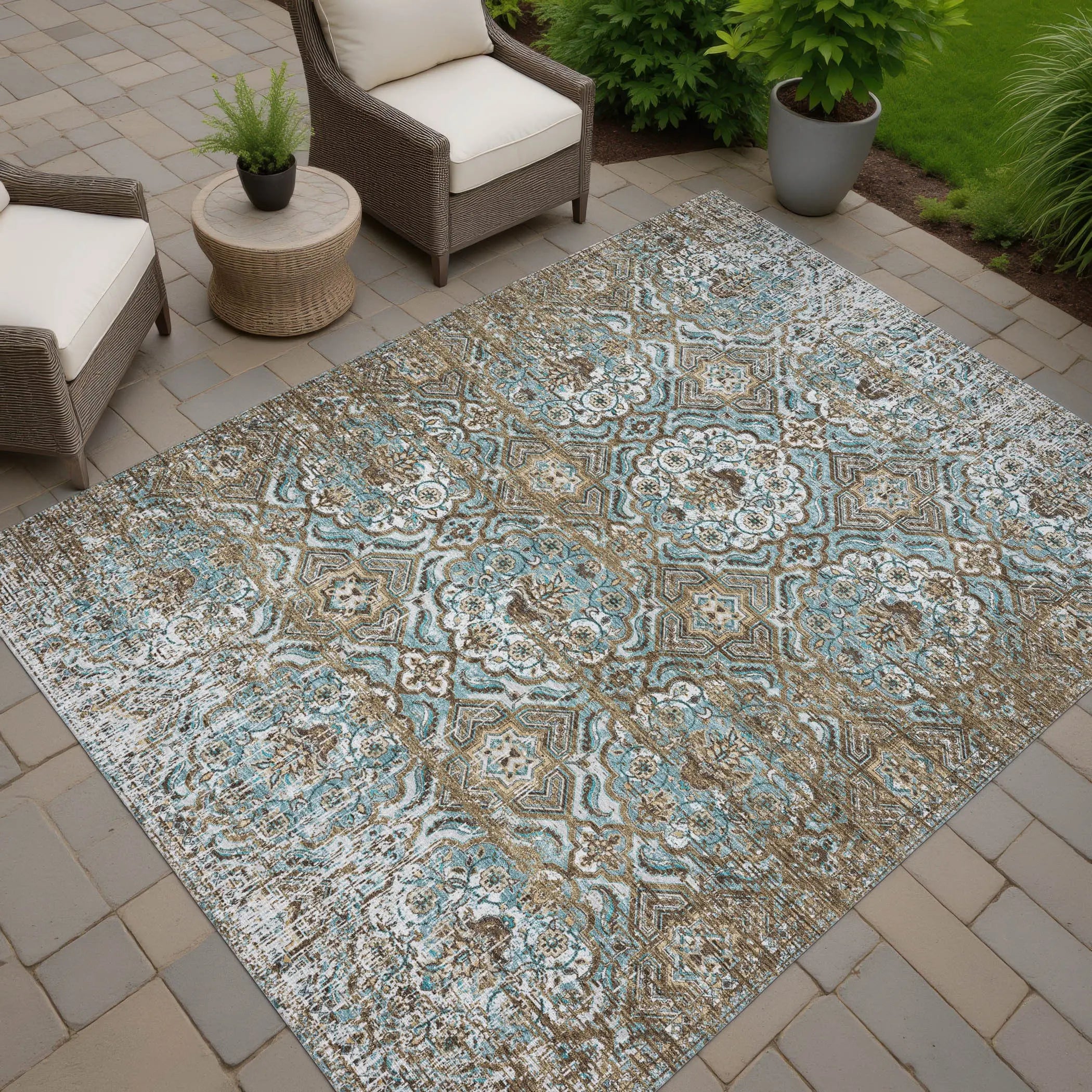 3' X 5' Teal Blue And Blue Floral Washable Indoor Outdoor Area Rug Homeroots Outdoor
