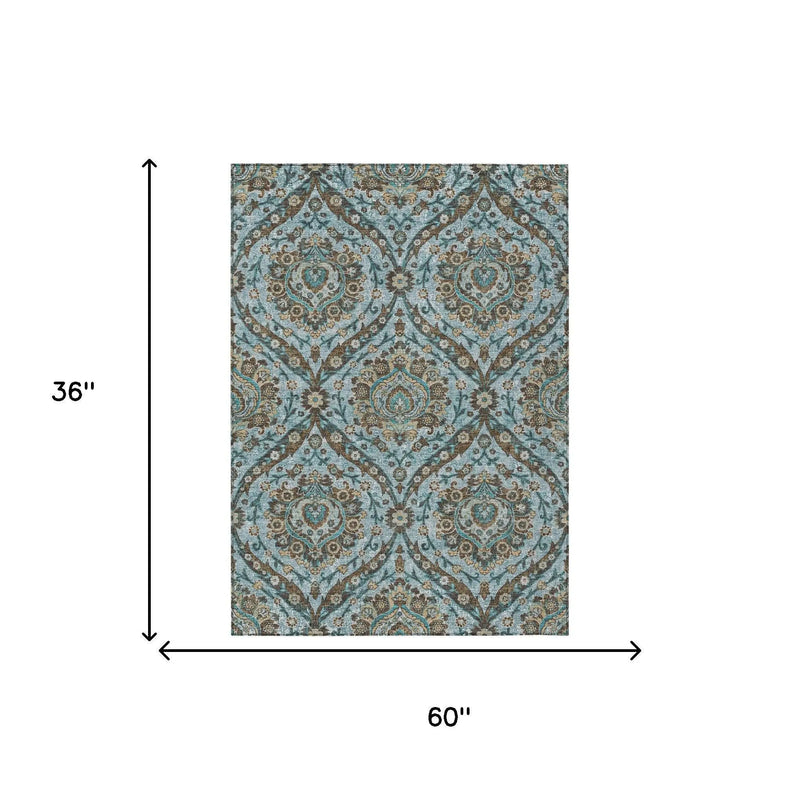 3' X 5' Teal Blue And Blue Floral Washable Indoor Outdoor Area Rug Homeroots Outdoor