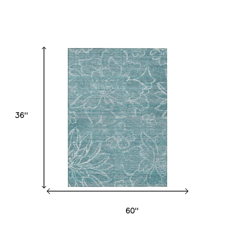 3' X 5' Teal Blue And Blue Floral Washable Indoor Outdoor Area Rug Homeroots Outdoor