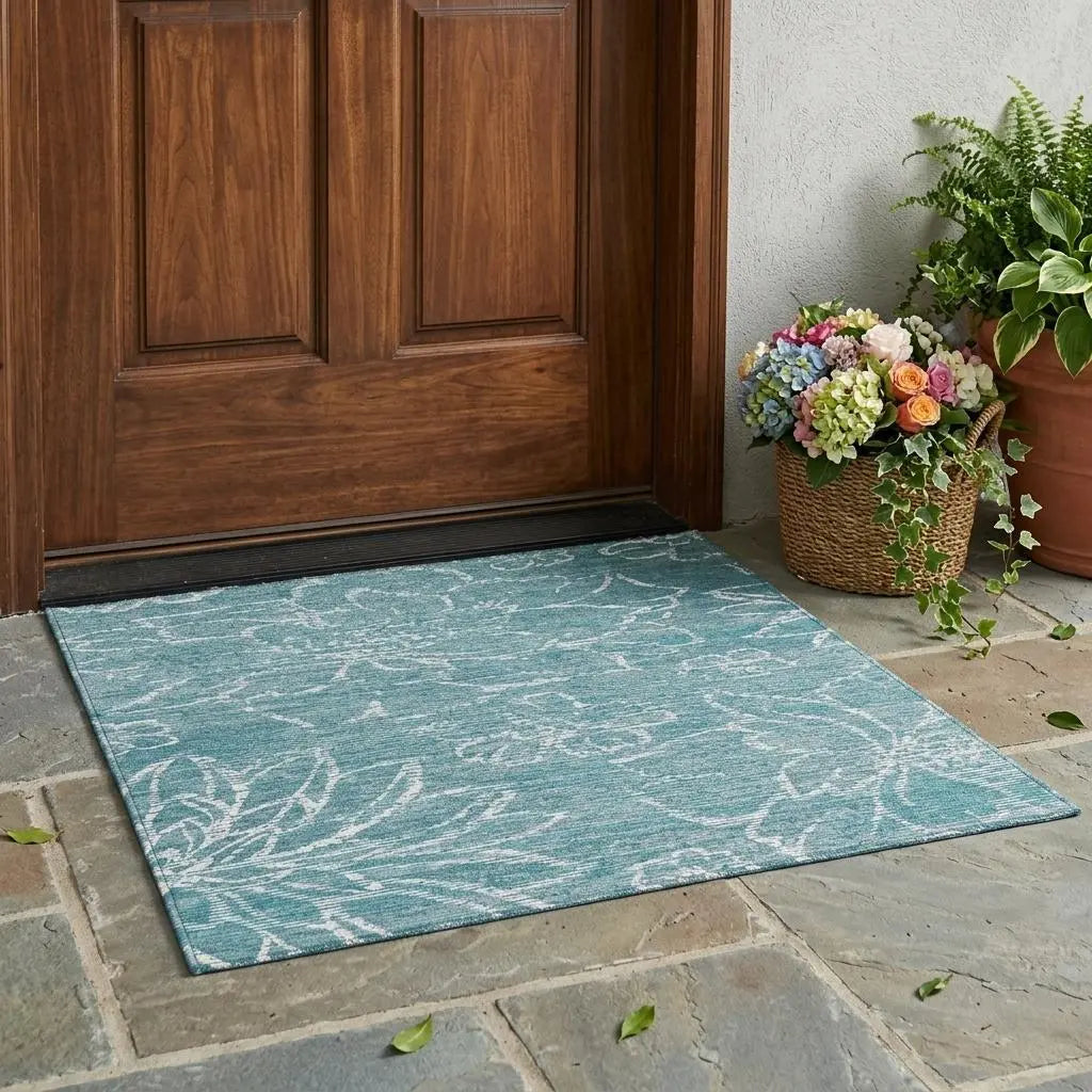 3' X 5' Teal Blue And Blue Floral Washable Indoor Outdoor Area Rug Homeroots Outdoor