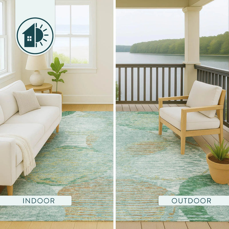 Blue and green abstract indoor/outdoor area rug, featuring a soft texture and contemporary design, perfect for modern decor.