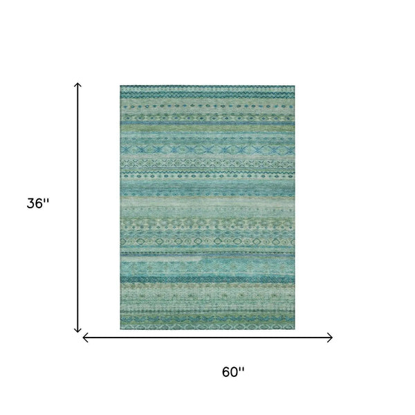 3' X 5' Teal Blue And Blue Striped Washable Indoor Outdoor Area Rug Homeroots Outdoor