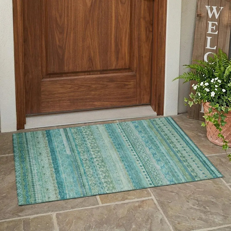 3' X 5' Teal Blue And Blue Striped Washable Indoor Outdoor Area Rug Homeroots Outdoor