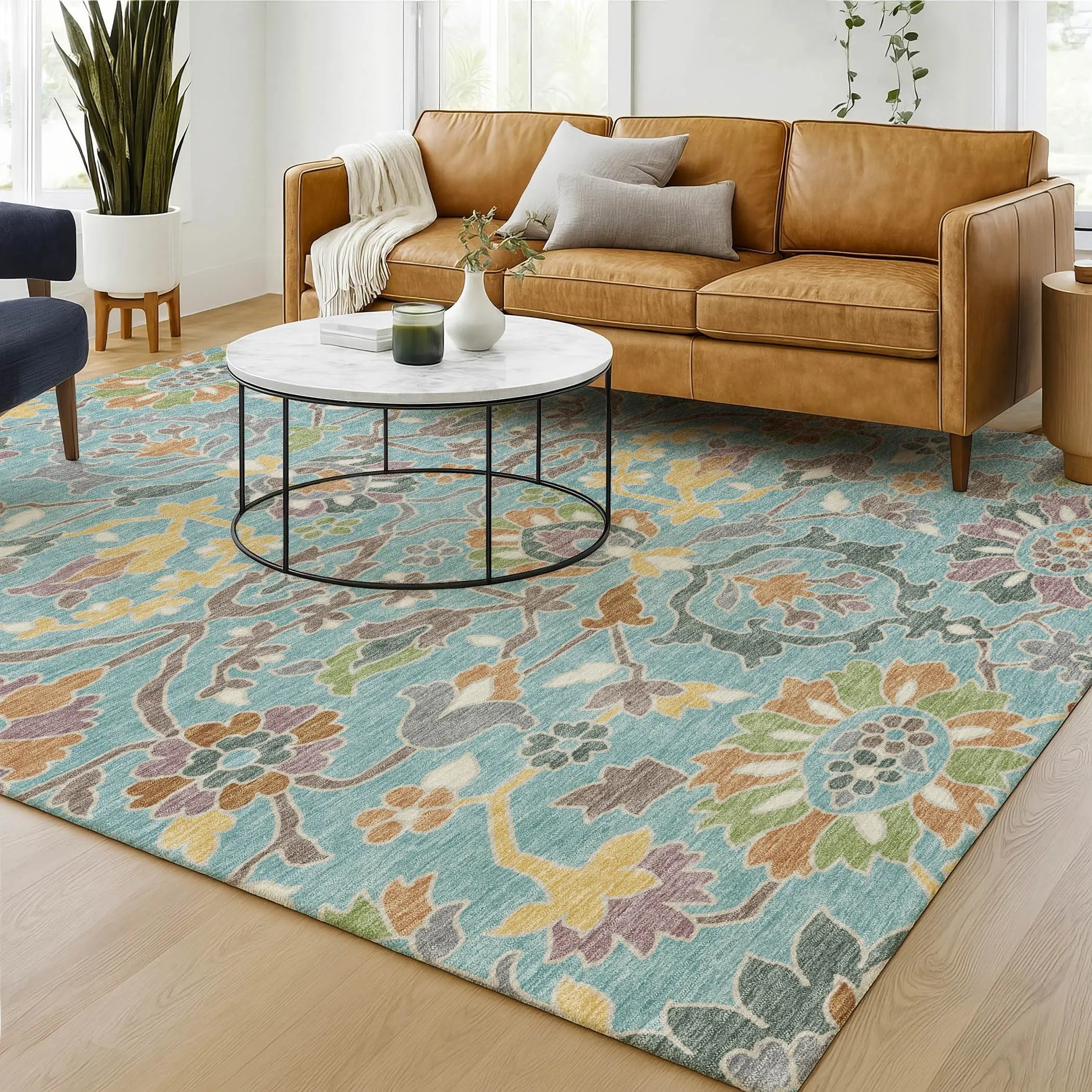 3' X 5' Teal Blue And Brown Floral Washable Indoor Outdoor Area Rug Homeroots Outdoor
