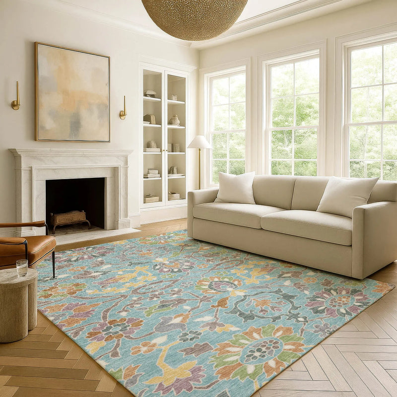 3' X 5' Teal Blue And Brown Floral Washable Indoor Outdoor Area Rug Homeroots Outdoor