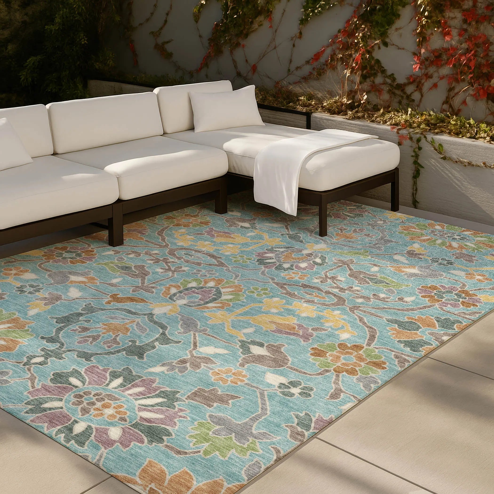 3' X 5' Teal Blue And Brown Floral Washable Indoor Outdoor Area Rug Homeroots Outdoor