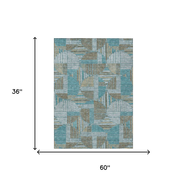 3' X 5' Teal Blue And Brown Geometric Washable Indoor Outdoor Area Rug Homeroots Outdoor