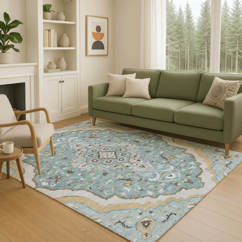 3' X 5' Teal Blue And Brown Medallion Washable Indoor Outdoor Area Rug Homeroots Outdoor