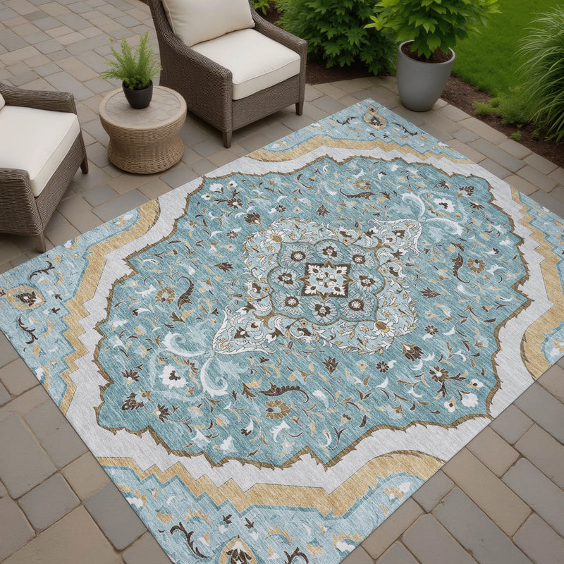 3' X 5' Teal Blue And Brown Medallion Washable Indoor Outdoor Area Rug Homeroots Outdoor