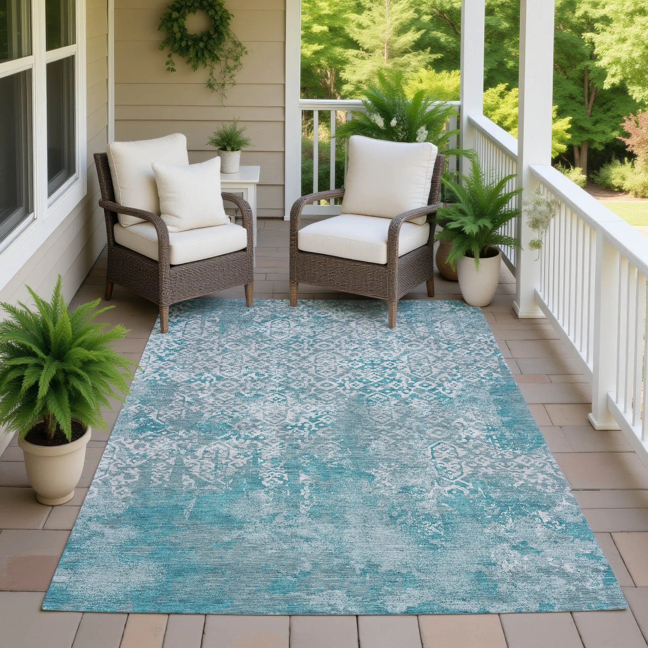 3' X 5' Teal Blue And Brown Oriental Washable Indoor Outdoor Area Rug Homeroots Outdoor