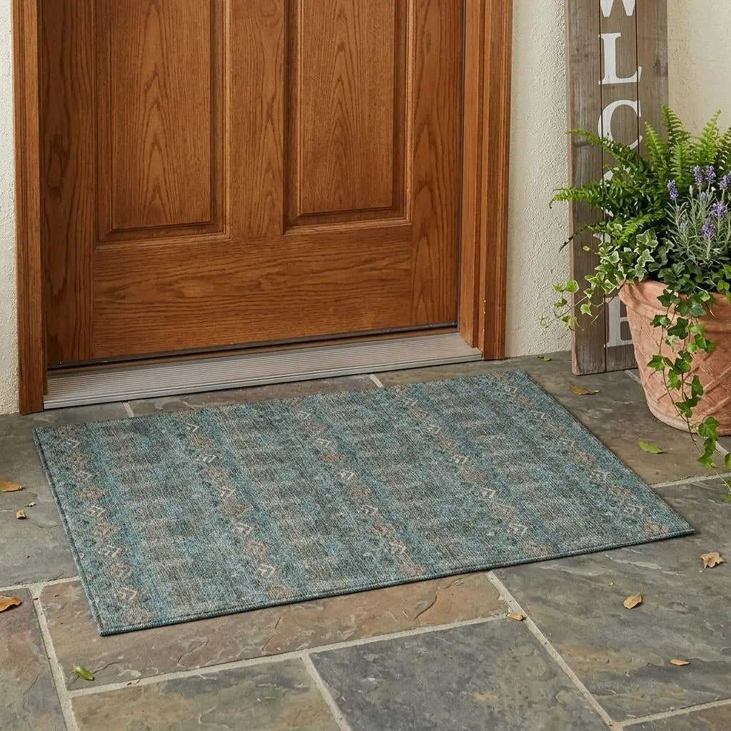 3' X 5' Teal Blue And Charcoal Geometric Washable Indoor Outdoor Area Rug Homeroots Outdoor