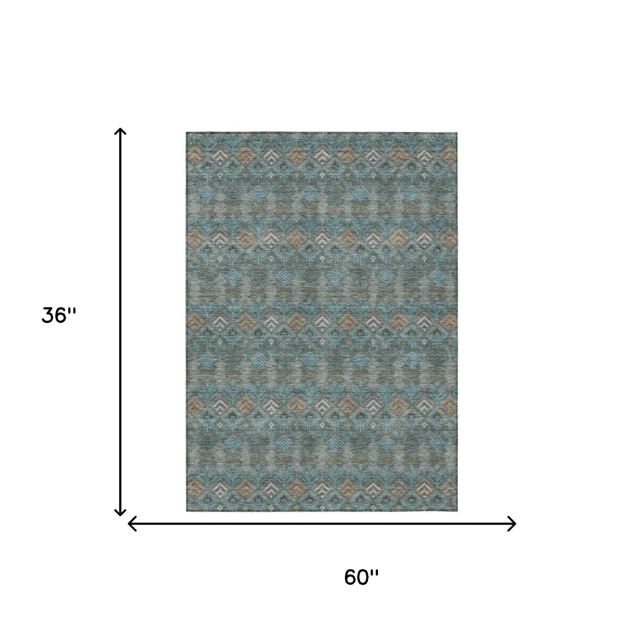 3' X 5' Teal Blue And Charcoal Geometric Washable Indoor Outdoor Area Rug Homeroots Outdoor