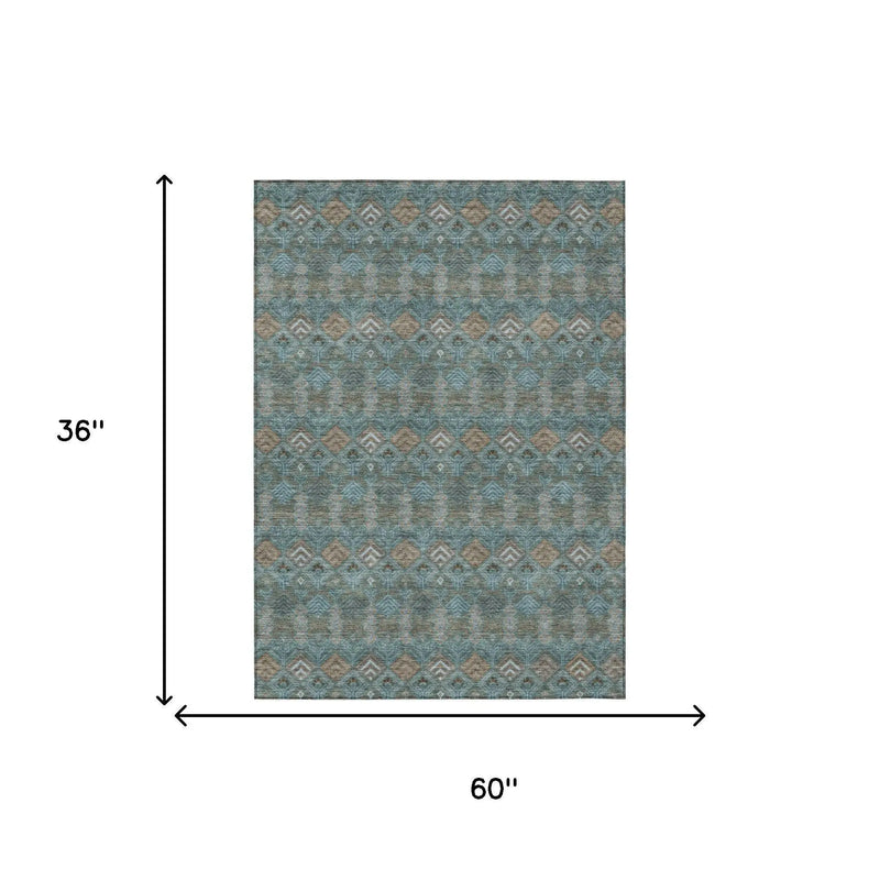 3' X 5' Teal Blue And Charcoal Geometric Washable Indoor Outdoor Area Rug Homeroots Outdoor