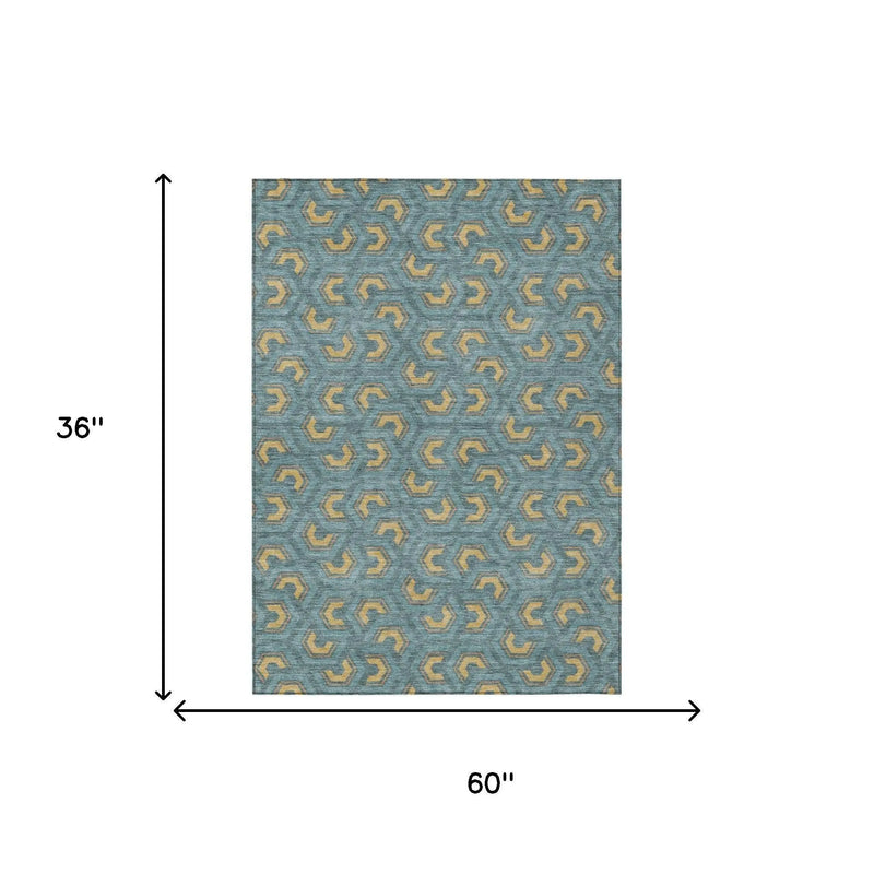 3' X 5' Teal Blue And Copper Geometric Washable Indoor Outdoor Area Rug Homeroots Outdoor