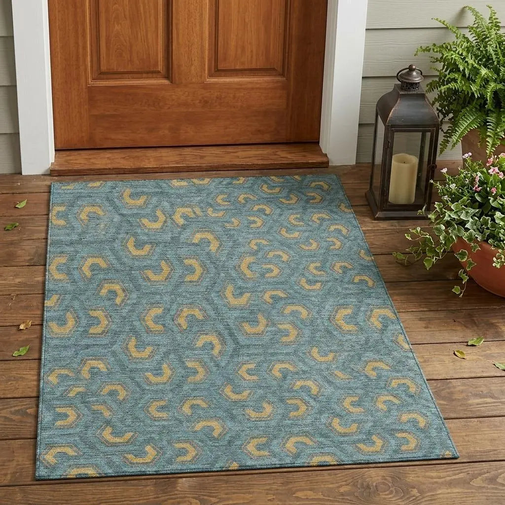 3' X 5' Teal Blue And Copper Geometric Washable Indoor Outdoor Area Rug Homeroots Outdoor