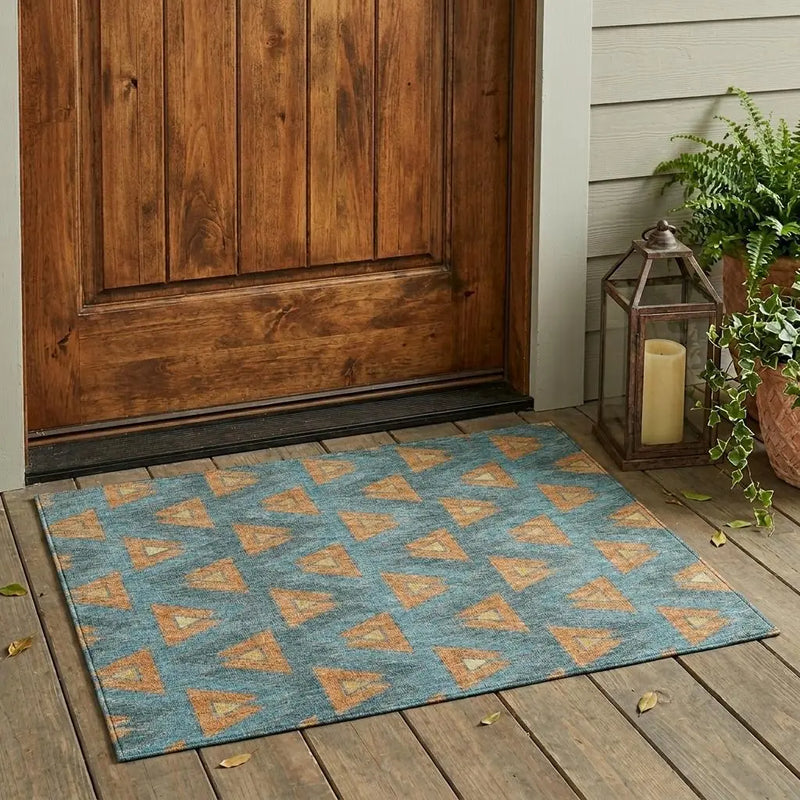 3' X 5' Teal Blue And Copper Geometric Washable Indoor Outdoor Area Rug Homeroots Outdoor