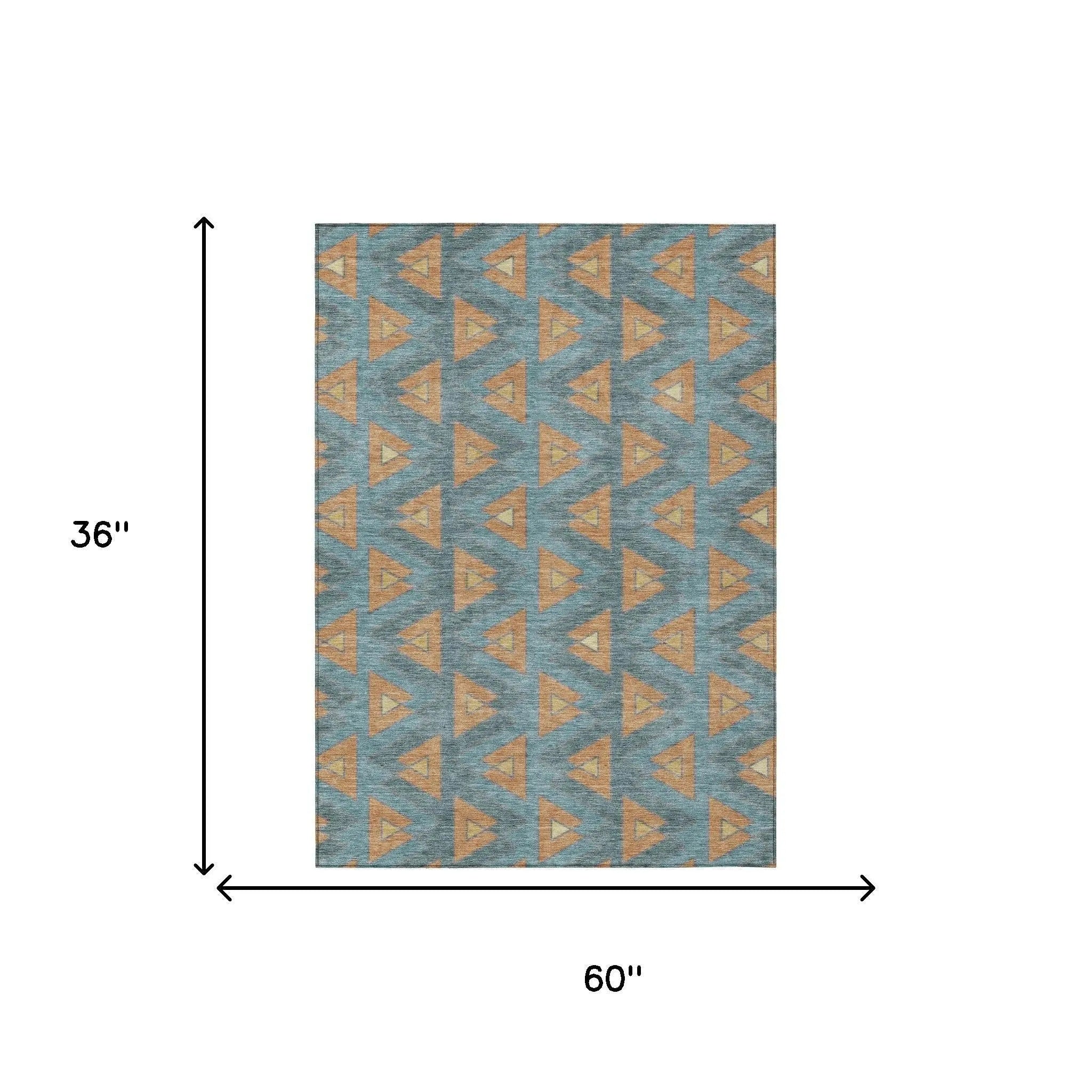 3' X 5' Teal Blue And Copper Geometric Washable Indoor Outdoor Area Rug Homeroots Outdoor